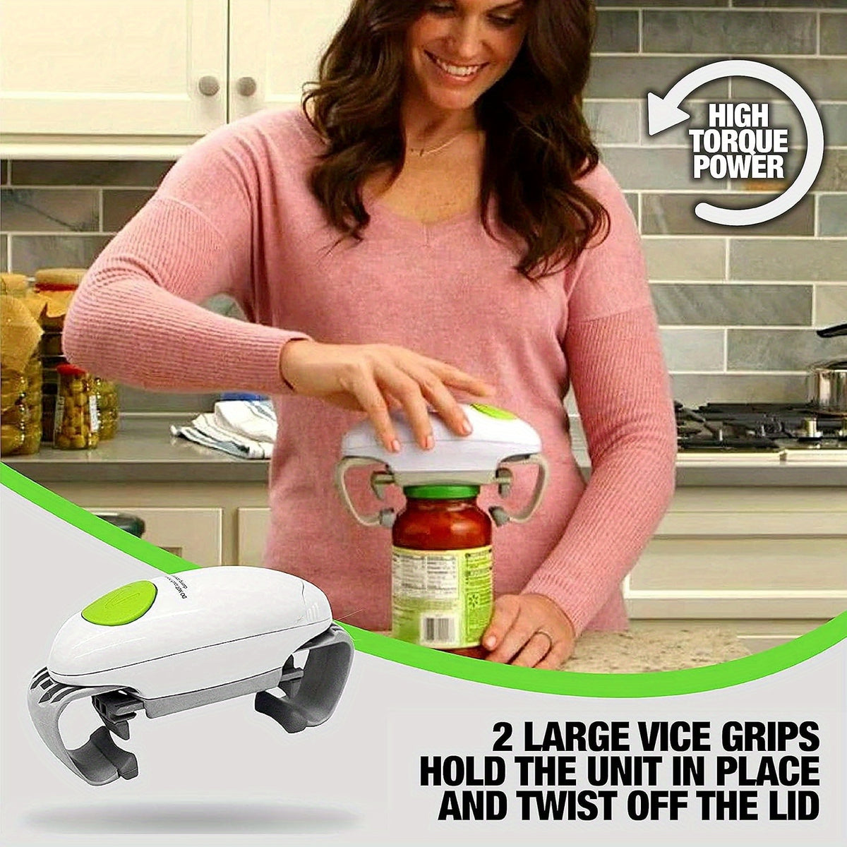 Electric Jar Opener with One-Touch Operation and Auto-Off, Cordless AA Battery-Powered Lid Opening Tool in Black-White for Everyday Kitchen Meal Preparation