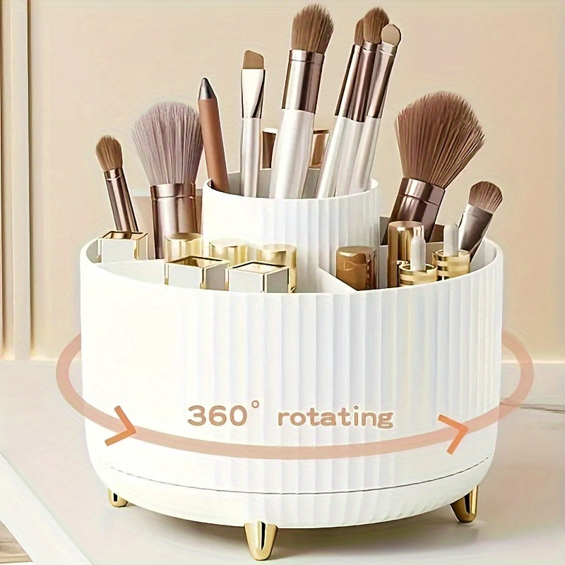 Rotating Makeup Organizer with Five Compartments, 360-Degree Plastic Cosmetic Brush and Lipstick Holder with Stripe Design for Vanity Storage and Desk Stationery