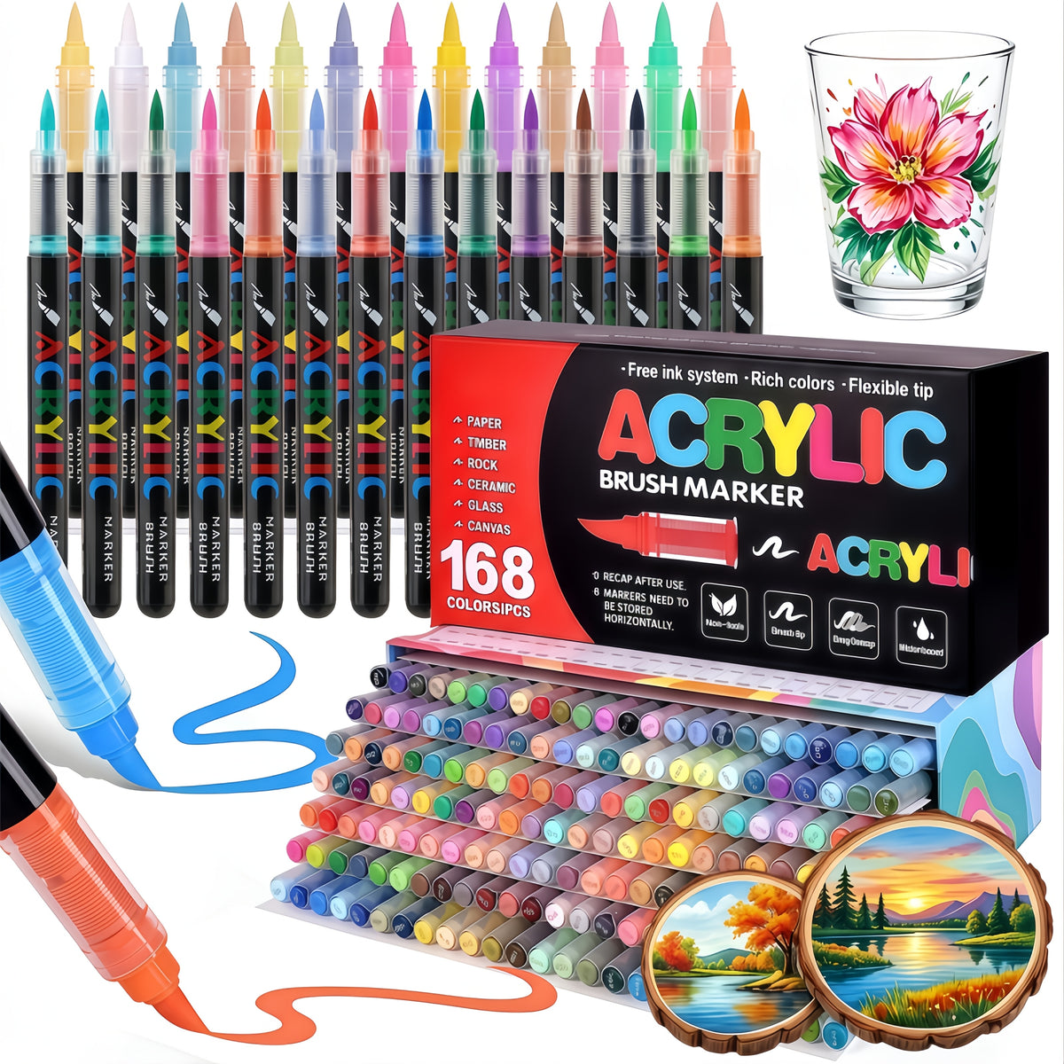 Brush Tip Acrylic Paint Markers for Rock Painting, Wood, Canvas, Glass and DIY Crafts, Art Pen Set Options from 12 Pieces to a Listed 168-Color Selection