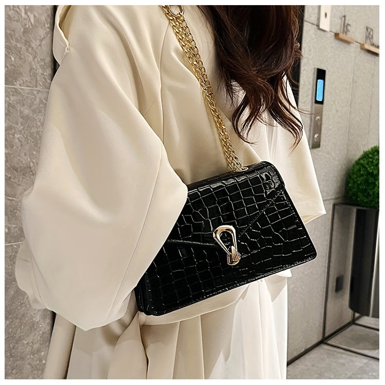 Reptile-Pattern Crossbody Bag for Women with Chain Strap Styling and Gold-Tone Hardware, White, Green or Rose Red Shoulder Purse for Casual and Evening Outfits