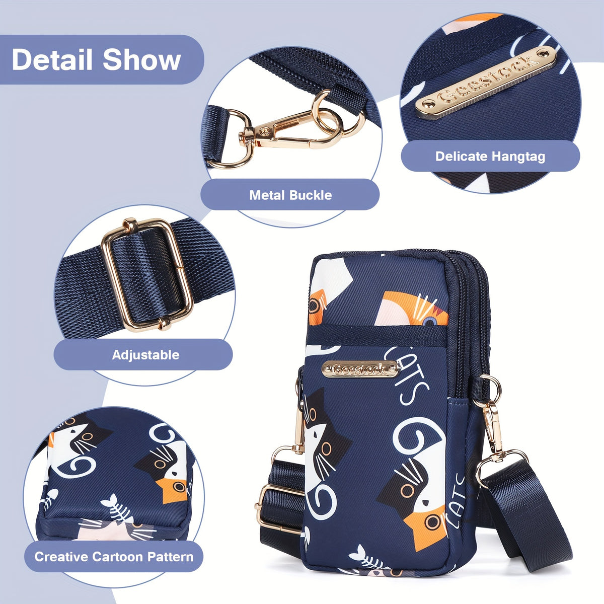 Adjustable Strap Crossbody Bag with Zipper Pockets, Blue Cat, Dark Blue, Pink or Blue Options for Everyday Essentials, Casual Errands and Travel Organization