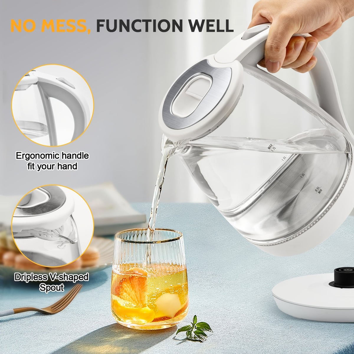 Blue LED Glass Electric Kettle with Listed 1.7L Capacity and 1200W Heating, Angled Pouring Spout, Auto-Shutoff and Boil-Dry Protection for Tea and Hot Water