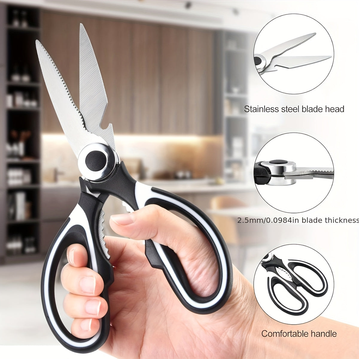 Kitchen Scissors 3-Pack, Heavy Duty Stainless Steel Cooking Shears for Meat, Fish and Poultry Preparation, Black White Multipurpose Food Cutting Set