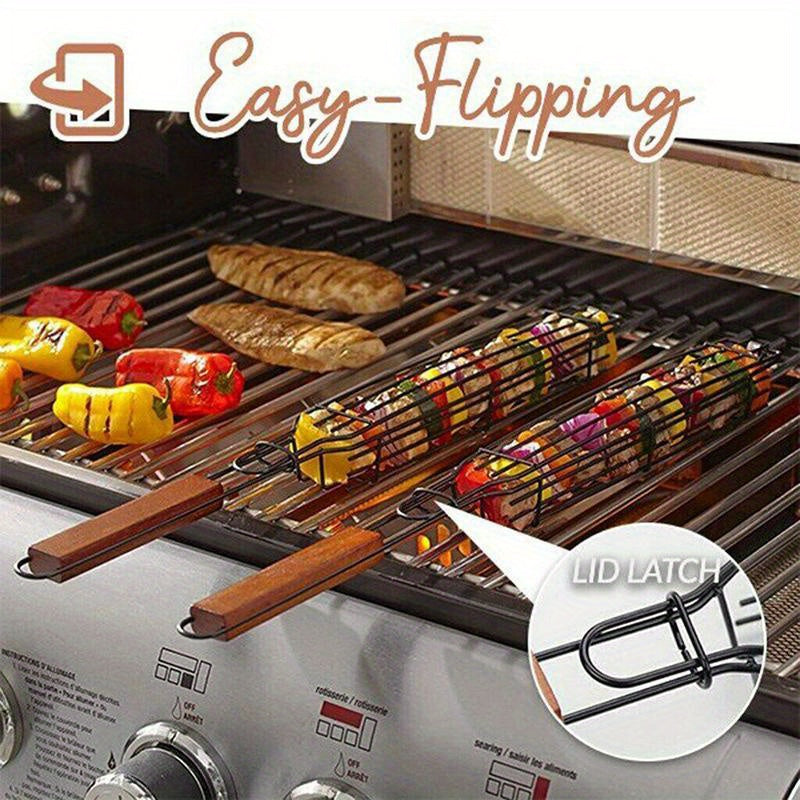 BBQ Grill Basket in Black Stainless Steel, One-Piece Outdoor Cooking Accessory for Compatible Backyard Barbecues, Camping Cookouts and Grill Meal Preparation