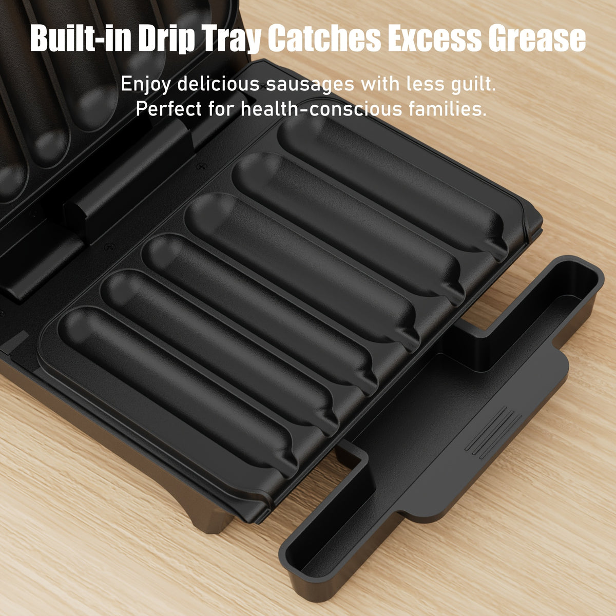 Six-Slot Electric Hot Dog Maker, Nonstick Sausage Grill with Grease Drip Tray, Power and Ready Indicator Lights, Cord Storage for Breakfasts and Snacks