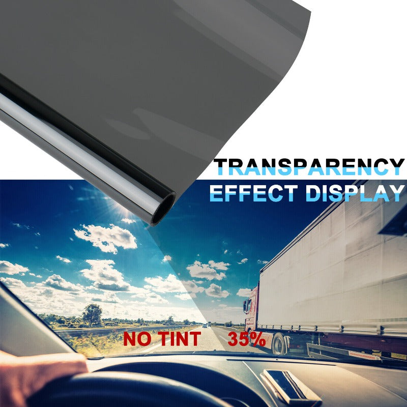Black PET Car Window Tint Film with Six Percentage Model Labels, Listed 9.8-Foot by 20-Inch Roll with Scraper and Knife for Compatible Glass Projects