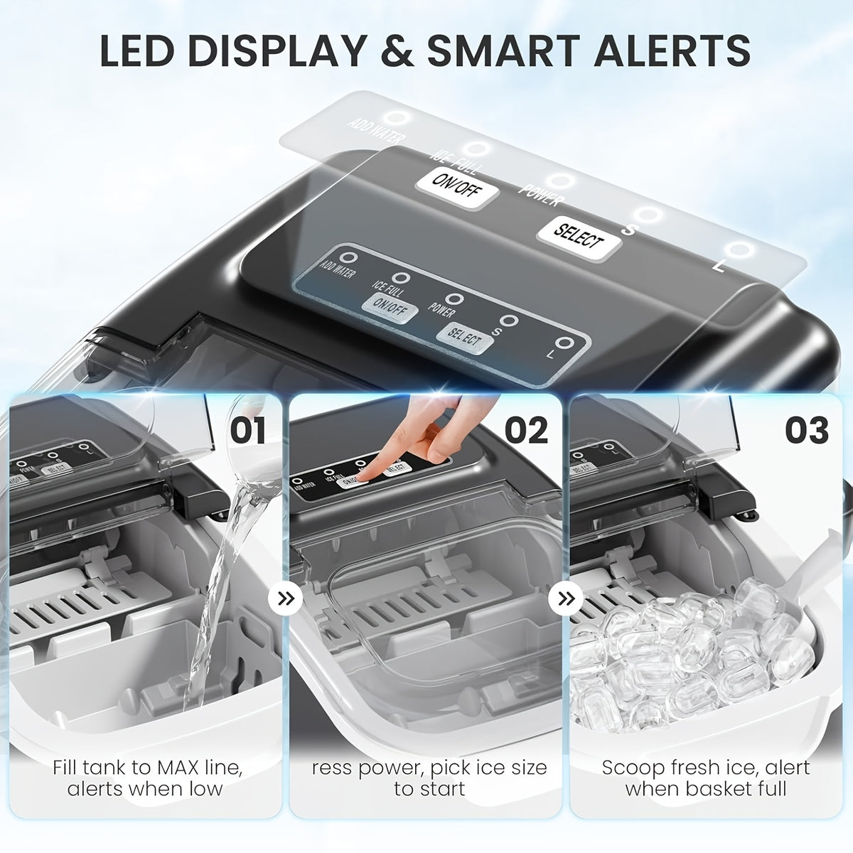 Selectable-Size Countertop Ice Maker with 26lb Daily Output Reference, Self-Cleaning Function, Interior Light, Basket and Scoop in White, Grey or Black-1