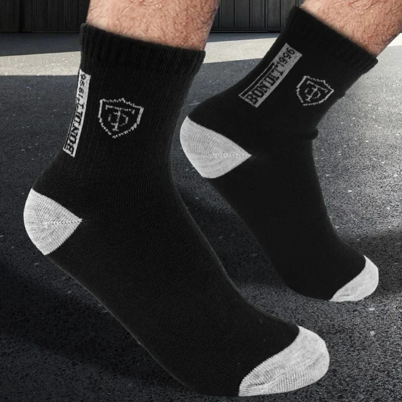 Men's Athletic Crew Socks Multipack in Mixed Colors, 5, 10, 20 or 40 Pairs with Shield and Mountain Design References for Sports and Everyday Casual Outfits