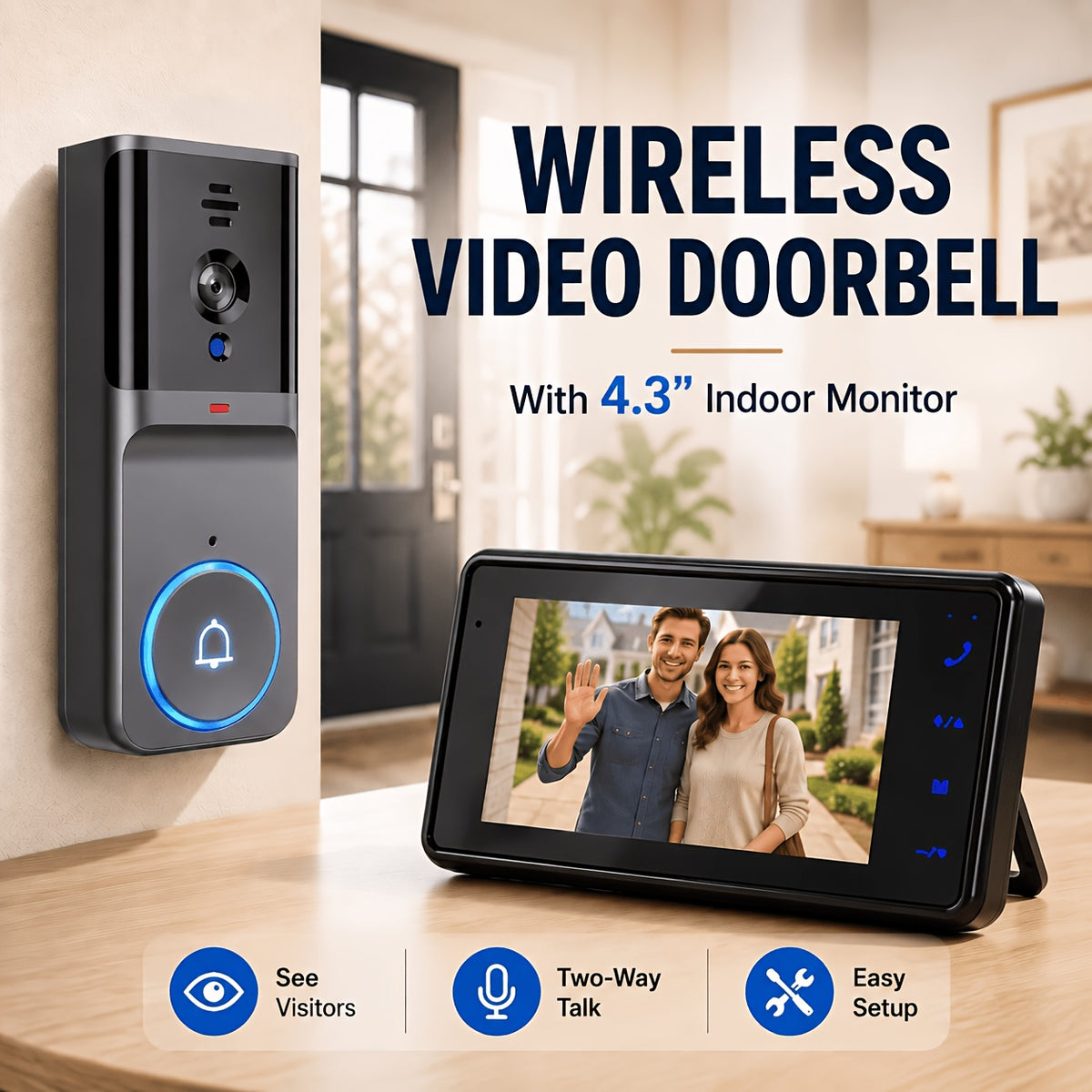 Display Video Doorbell with Listed 1080P Camera and 4.3-Inch Screen, No-WiFi Wireless Connection, Two-Way Talk and Motion Capture in Silvery or Black