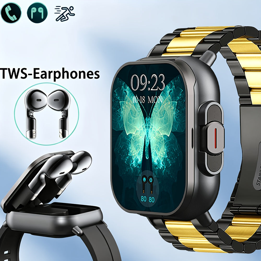 2-in-1 Smartwatch and Wireless Earbuds for Men with Music Control, Sports Modes and Activity Insights, Black or Silvery Watch and Steel Strap Options