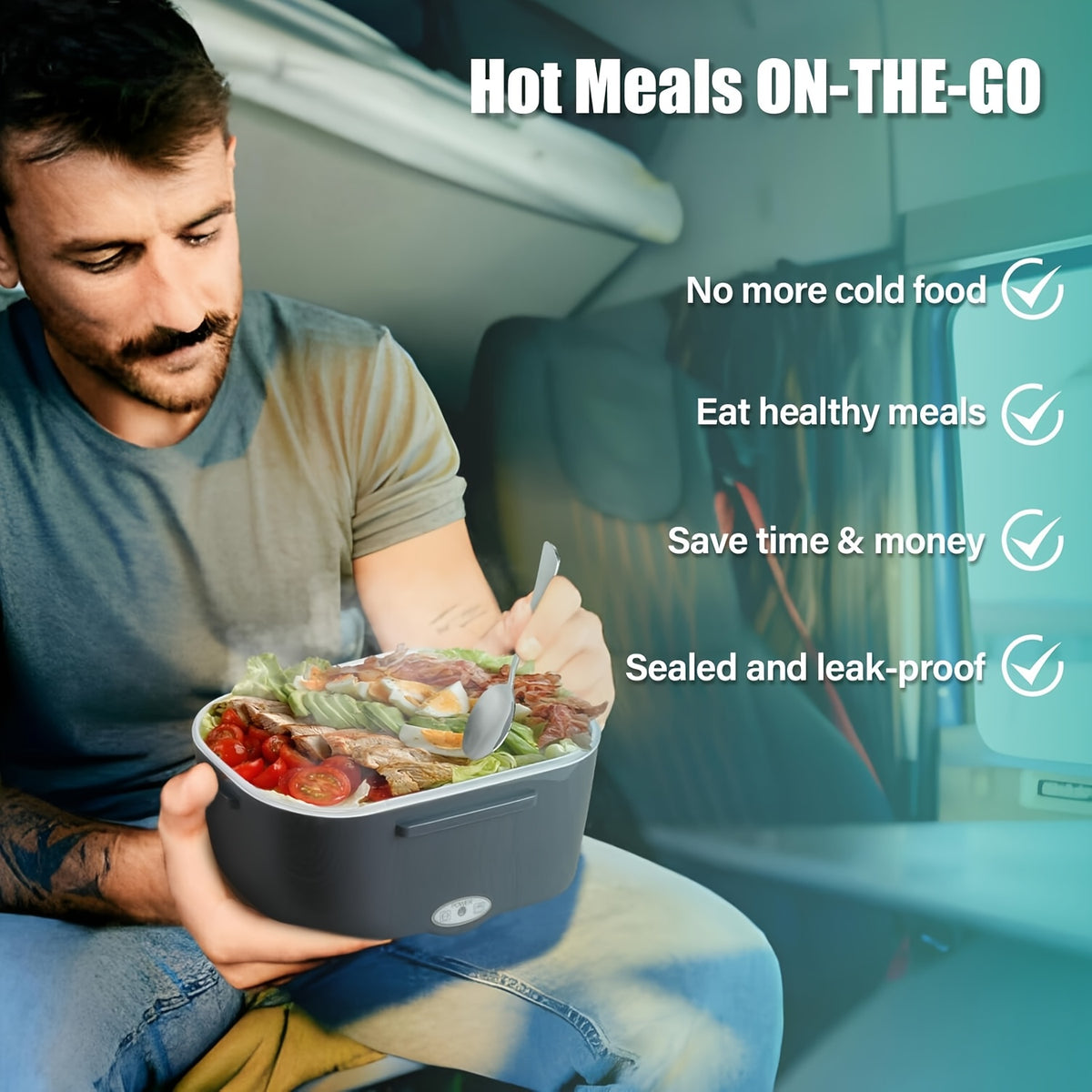 Electric Heated Lunch Box, 3-in-1 Portable Food Warmer with 304 Stainless Steel Container, 12V/24V Vehicle and 120V Home Power, Blue for Work and Travel