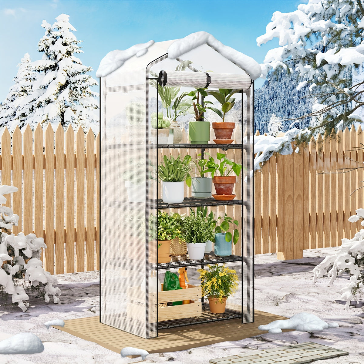 Garden Greenhouse with PE Cover and Listed Iron Frame, Three-Layer, Four-Layer or Large Walk-In Options in Green or White for Seedling and Plant Organization