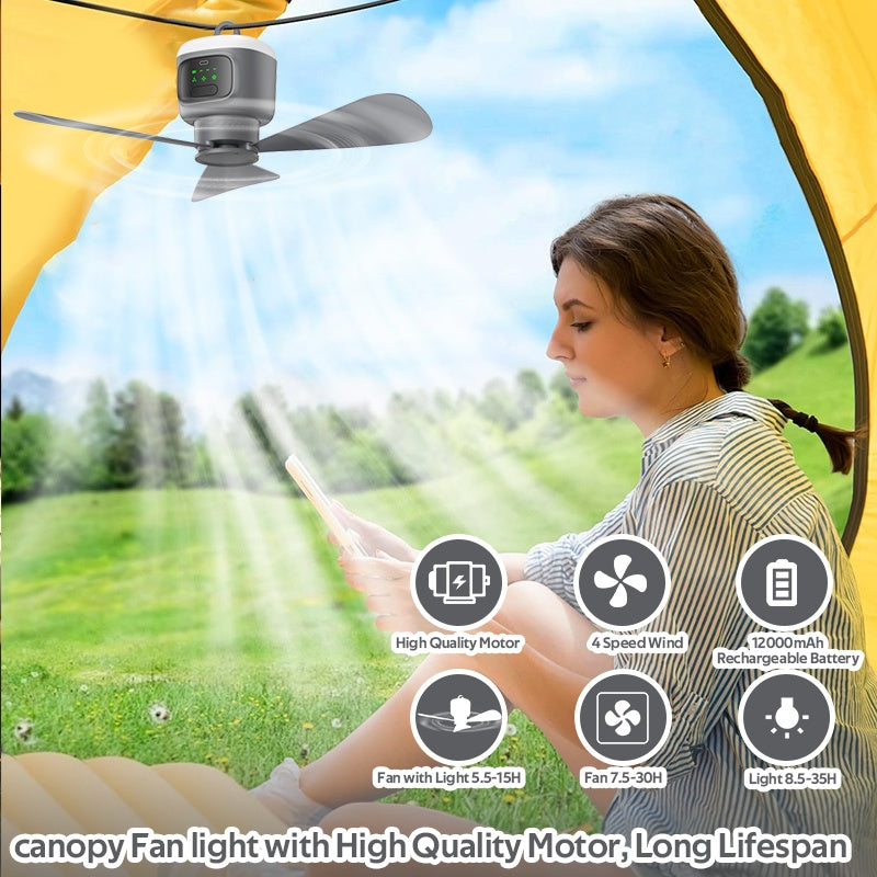 Battery Ceiling Fan with Light and Remote, Grey Gazebo Fan with Four Listed Speeds, 12000mAh Battery Reference and 8-Hour Timer for Compatible Sheltered Setups