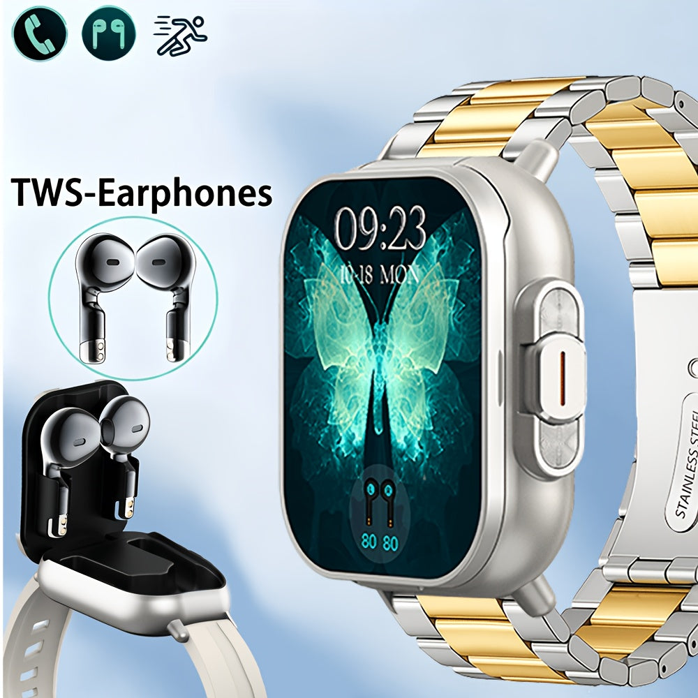 2-in-1 Smartwatch and Wireless Earbuds for Men with Music Control, Sports Modes and Activity Insights, Black or Silvery Watch and Steel Strap Options