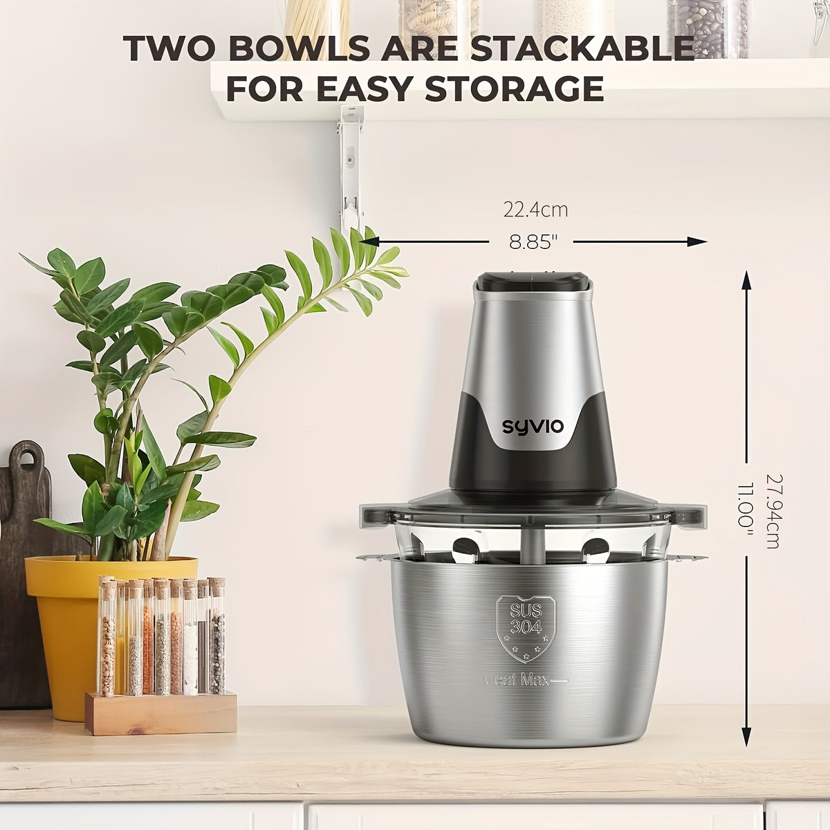 450W Two-Bowl Food Processor with Two Speed Settings and Four Bi-Level Blades, Electric Meat and Vegetable Chopper for Onions and Everyday Meal Prep