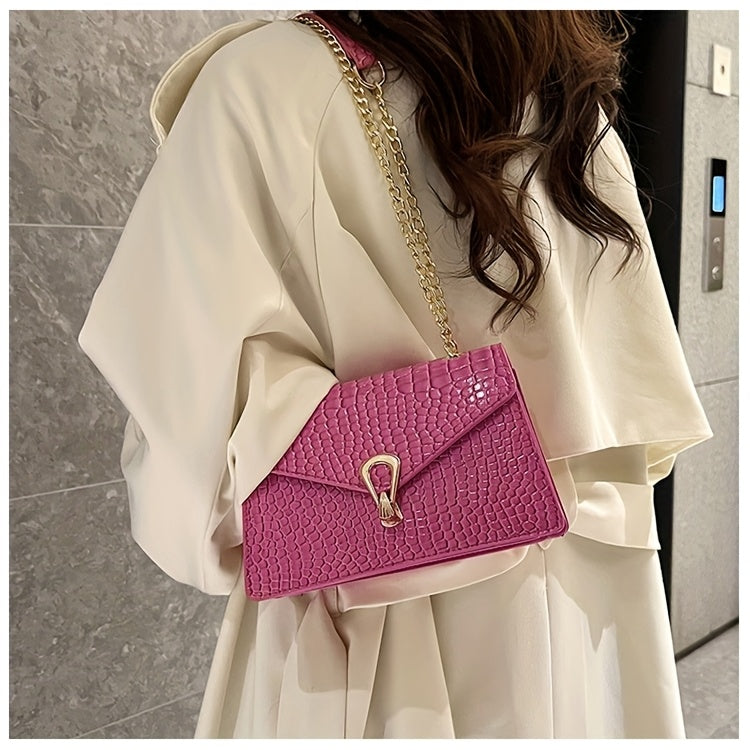 Reptile-Pattern Crossbody Bag for Women with Chain Strap Styling and Gold-Tone Hardware, White, Green or Rose Red Shoulder Purse for Casual and Evening Outfits