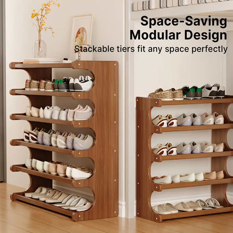 Freestanding Bamboo Shoe Organizer in Brown with Three, Five or Six Layers, Wood-Grain Footwear Storage Rack for Home Entryways, Hallways and Dorm Rooms