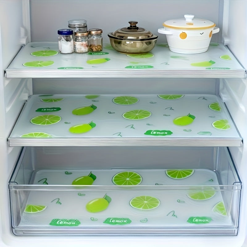 Lemon Pattern Refrigerator Liners in EVA, Four-Piece Washable Reusable Shelf Mat Set for Compatible Kitchen Drawers, Cabinets and Fridge Organization