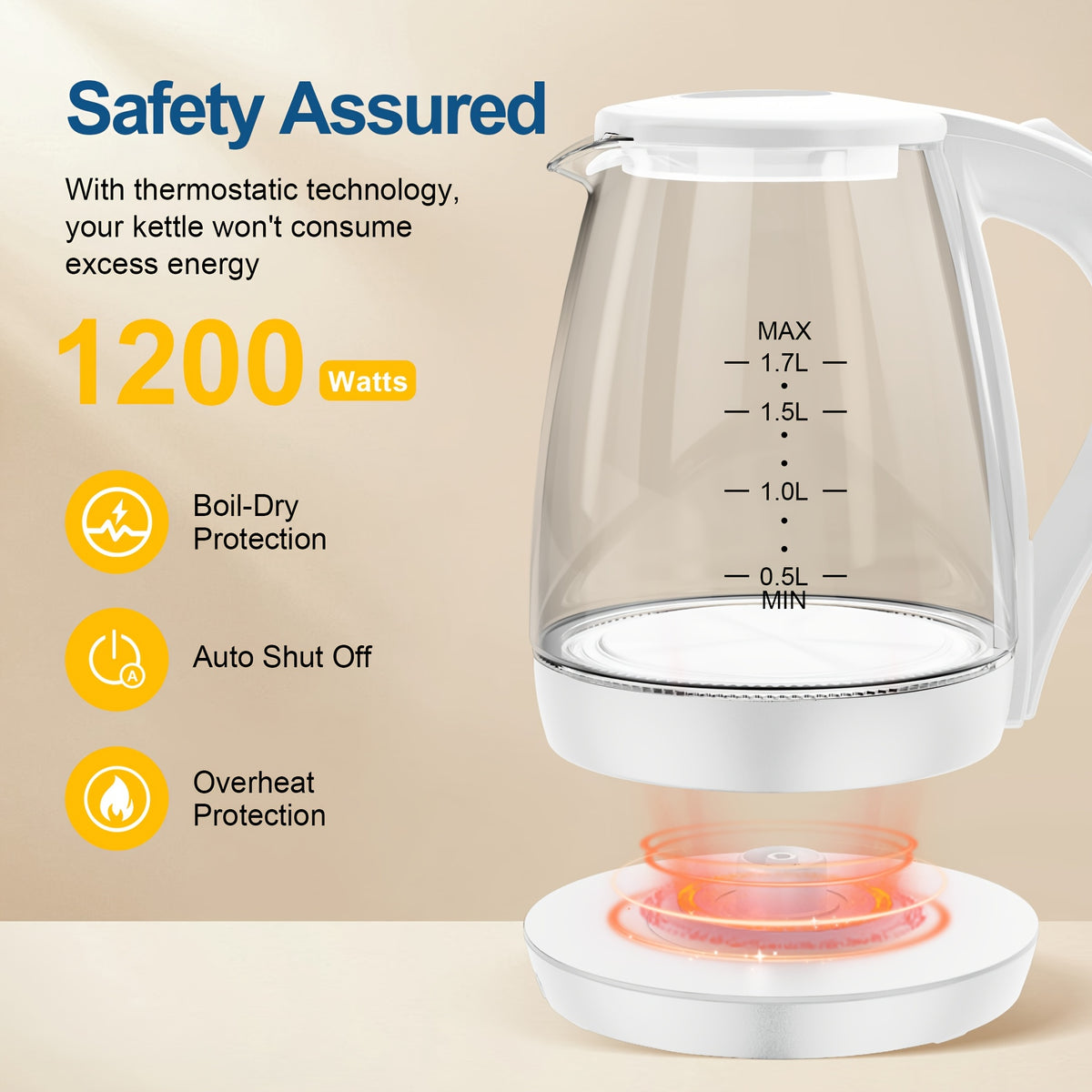 Blue LED Glass Electric Kettle with Listed 1.7L Capacity and 1200W Heating, Angled Pouring Spout, Auto-Shutoff and Boil-Dry Protection for Tea and Hot Water