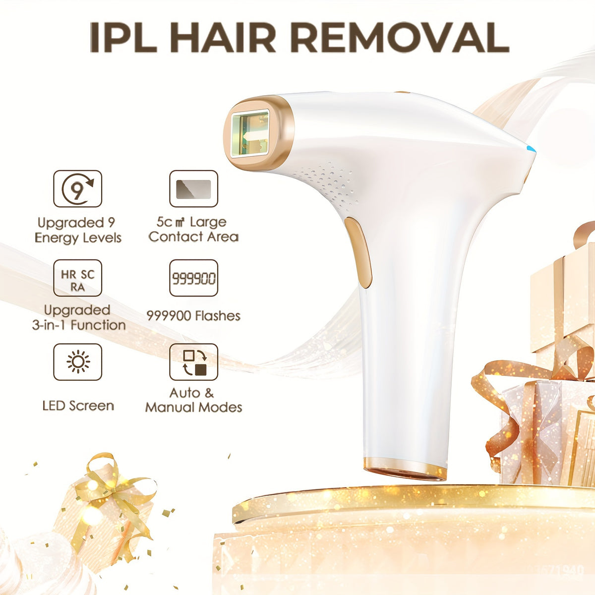 IPL Hair Removal Device with Nine Adjustable Intensity Levels, Listed 5cm² Light Window and Manual or Automatic Operation in White for At-Home Beauty Routines