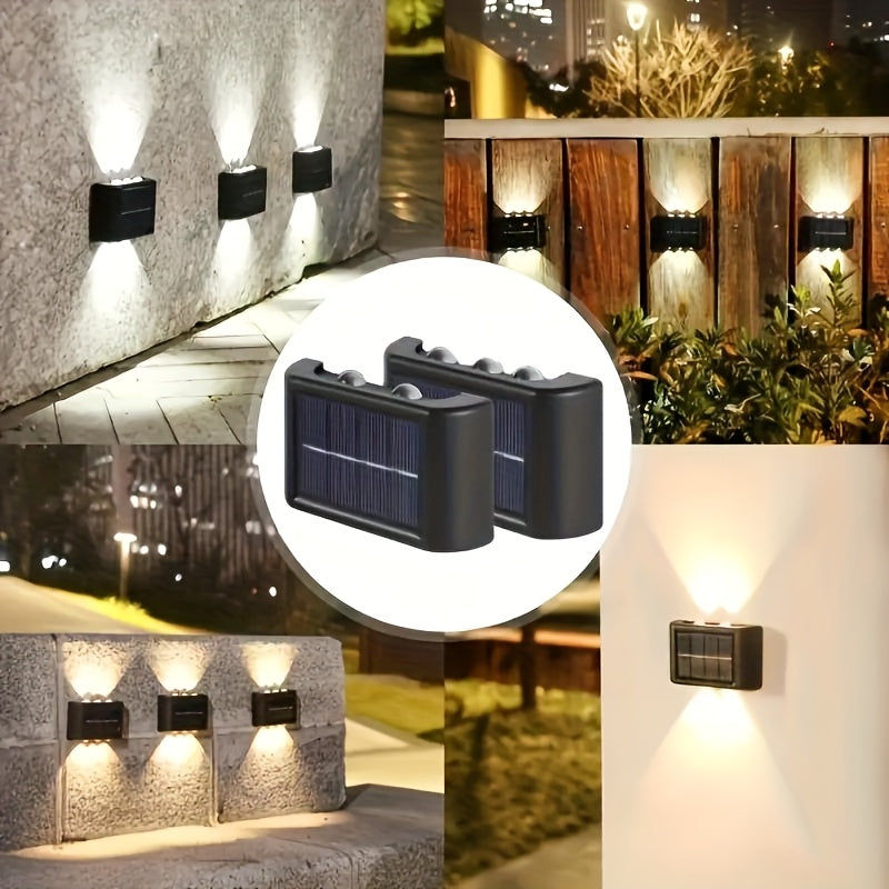 Solar Up and Down Wall Sconces with Listed 6-LED Design, White or Warm Light and 4- or 8-Piece Options for Outdoor Fence, Patio and Garden Decoration