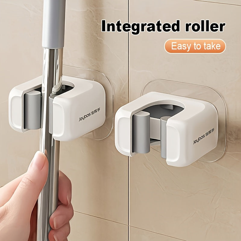 White Mop and Broom Holder Two-Piece Set with No-Drill Wall-Mount Design for Compatible Cleaning Tools, Kitchen, Bathroom and Household Storage Organization