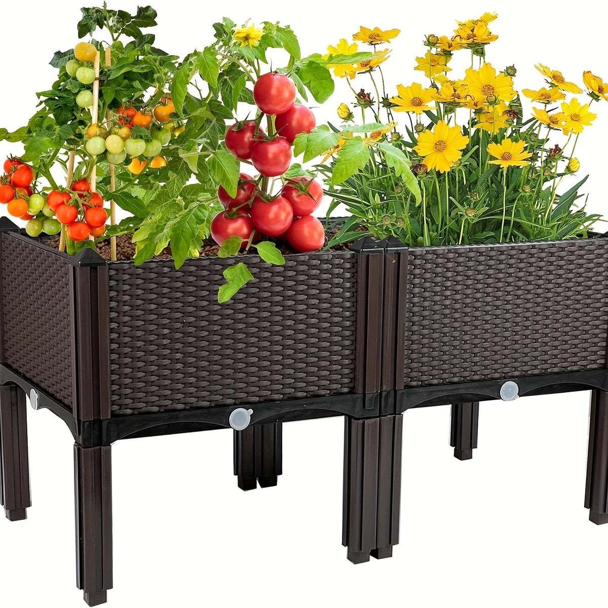 Linkable Elevated Planter Boxes with Legs, Black Woven-Style Plastic Garden Containers with Drainage Holes for Flowers, Herbs and Vegetables, 1, 2 or 4 Pieces