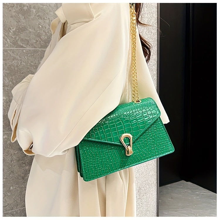 Reptile-Pattern Crossbody Bag for Women with Chain Strap Styling and Gold-Tone Hardware, White, Green or Rose Red Shoulder Purse for Casual and Evening Outfits