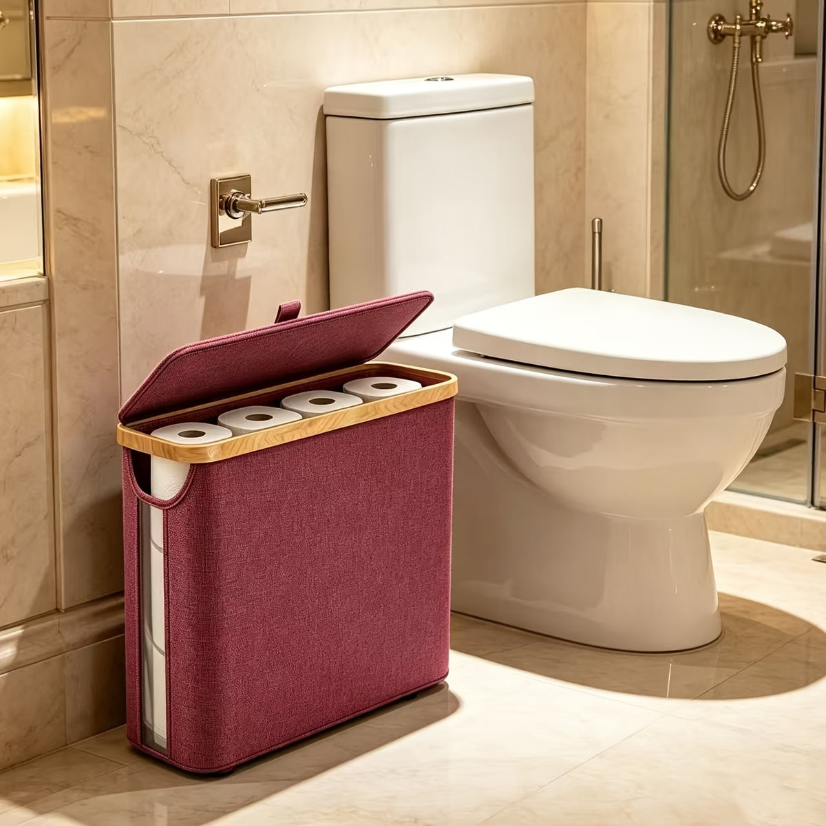 Toilet Paper Storage Basket with Bamboo and 600D Oxford Cloth References, Listed 9–12 Roll Capacity Bathroom Organizer in Five Color Options