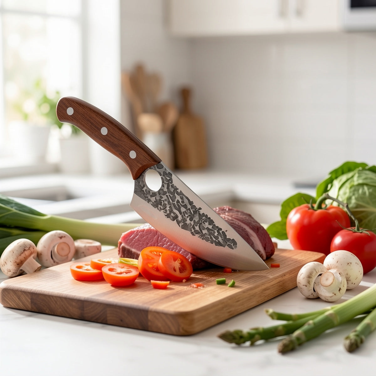 Viking Style Chef Knife with Sheath and Listed Sourwood Handle, Approximately 7-Inch High Carbon Steel Blade for Meat and Vegetable Prep, Camping Cooking and BBQ