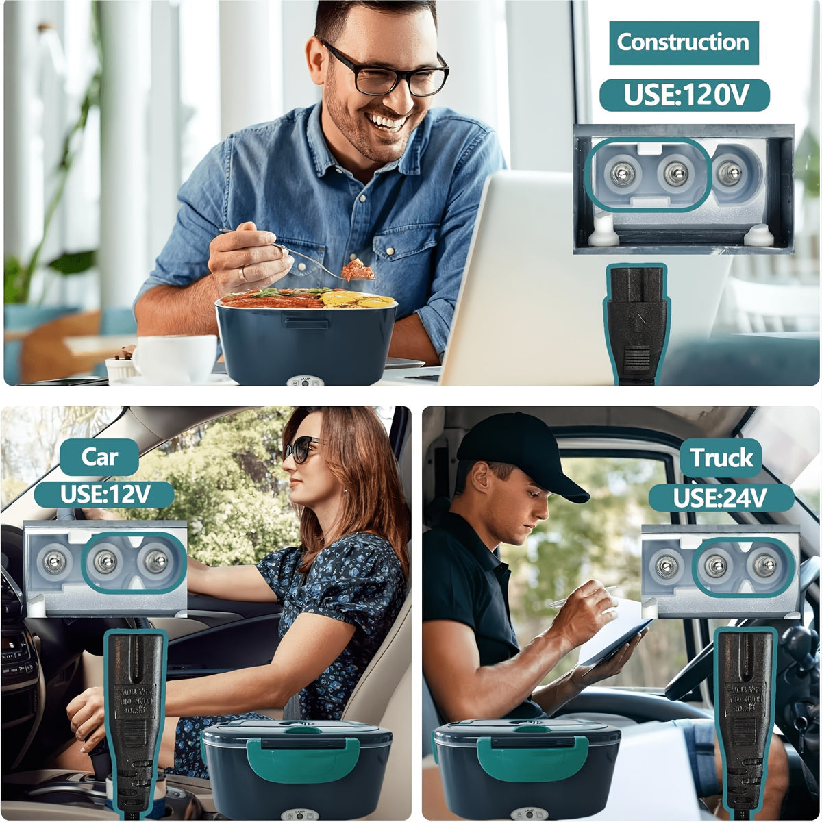 Electric Heated Lunch Box, 3-in-1 Portable Food Warmer with 304 Stainless Steel Container, 12V/24V Vehicle and 120V Home Power, Blue for Work and Travel