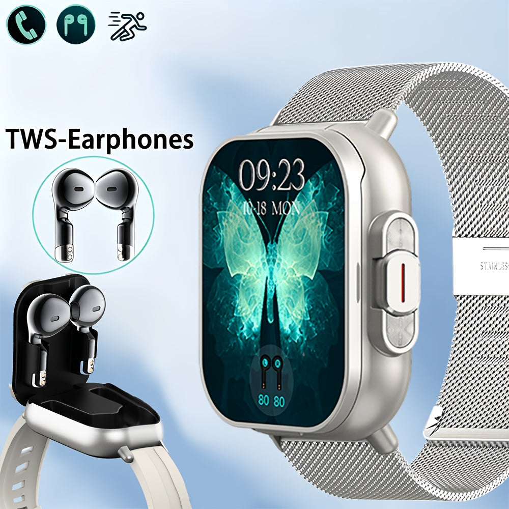 2-in-1 Smartwatch and Wireless Earbuds for Men with Music Control, Sports Modes and Activity Insights, Black or Silvery Watch and Steel Strap Options