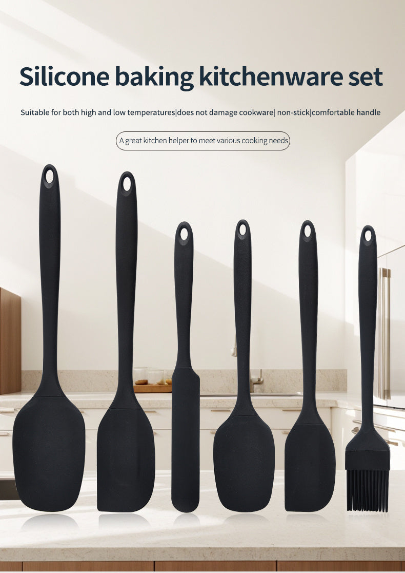 Silicone Baking Utensil Set, Six-Piece Kitchen Tool Selection with Scraper, Spatula and Oil Brush References in Red, Green, Black, Pink or Blue for Cake Preparation