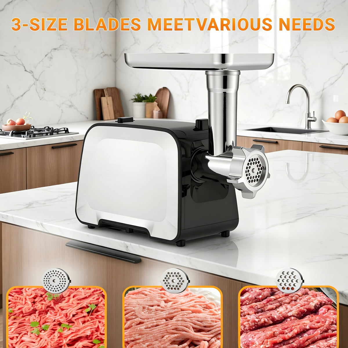 Electric Meat Grinder CHEFFANO TM-090-N with Two Blades, Three Grinding Plates, Sausage Tube and Kubbe Kit, Stainless Steel Home Grinder with Listed 2000W Max Power