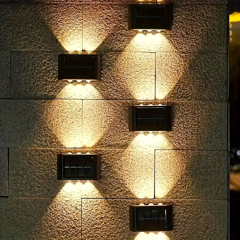 Solar Up and Down Wall Sconces with Listed 6-LED Design, White or Warm Light and 4- or 8-Piece Options for Outdoor Fence, Patio and Garden Decoration