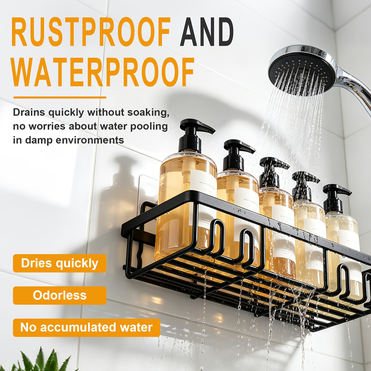 Shower Organizer Set in Black, 6-Piece No-Drill Adhesive Bathroom Racks with Toilet Paper, Soap and Toothbrush Storage and Listed 13-Inch Size