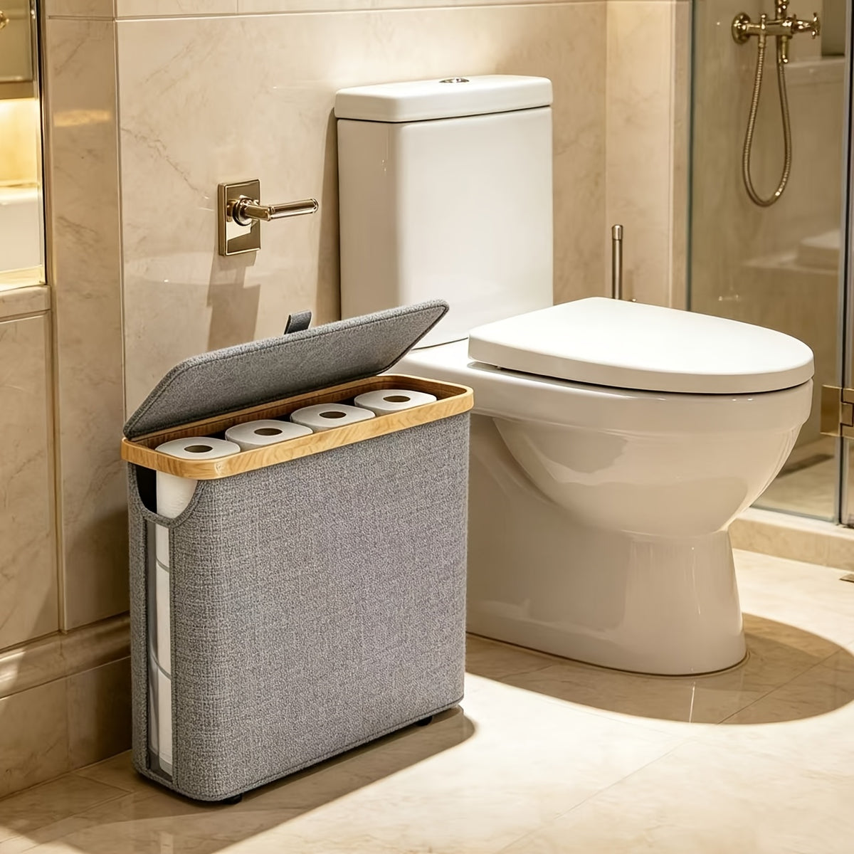 Toilet Paper Storage Basket with Bamboo and 600D Oxford Cloth References, Listed 9–12 Roll Capacity Bathroom Organizer in Five Color Options