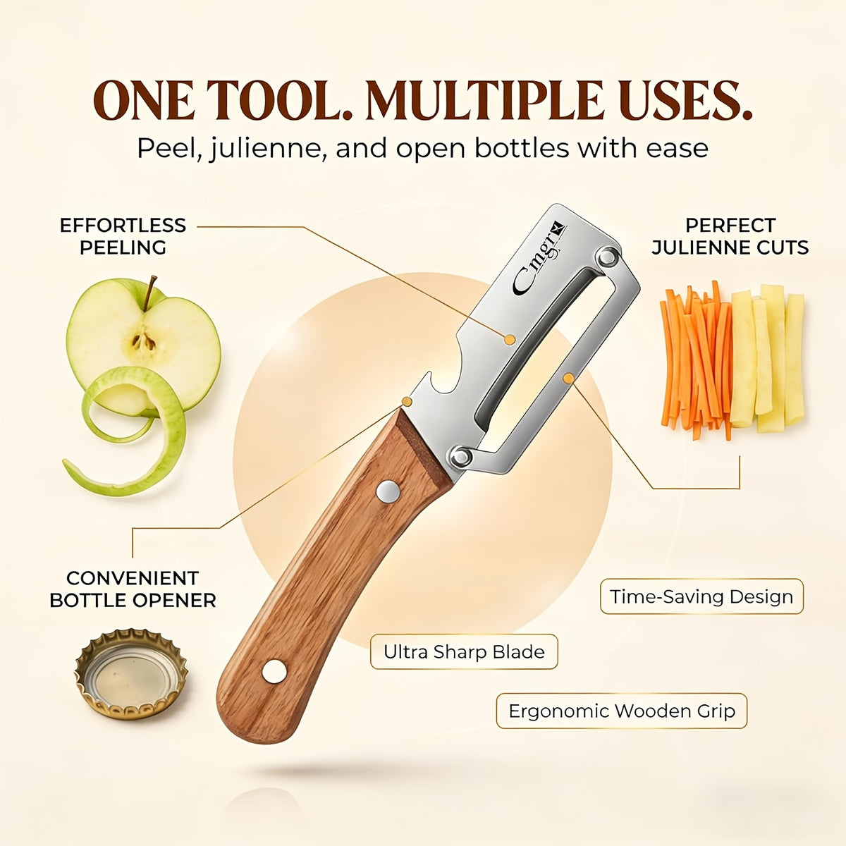 Wooden Handle Vegetable Peeler Set, Two-Piece Stainless Steel Blade Kitchen Tools with Listed Bottle Opener Function for Potatoes, Apples and Zucchini