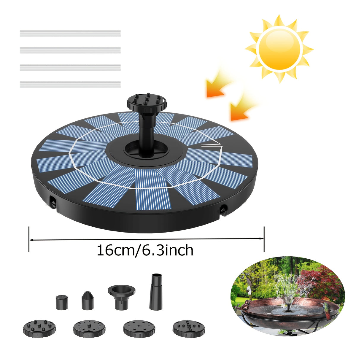 Solar Powered Water Fountain DT-505 with 4 Transparent Support Rods and 6 Spray Nozzles, Round Plastic Fountain Unit for Garden Pond and Courtyard Decor