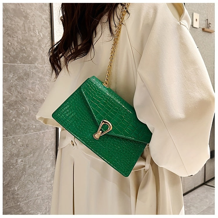 Reptile-Pattern Crossbody Bag for Women with Chain Strap Styling and Gold-Tone Hardware, White, Green or Rose Red Shoulder Purse for Casual and Evening Outfits
