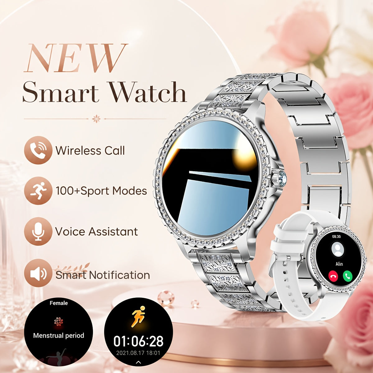 Women's Smartwatch by LIGE with Listed 1.32-Inch HD Display, Wireless Calling and 20 Sports Modes, Golden, Golden Mesh Belt or Silvery Options for iPhone Android