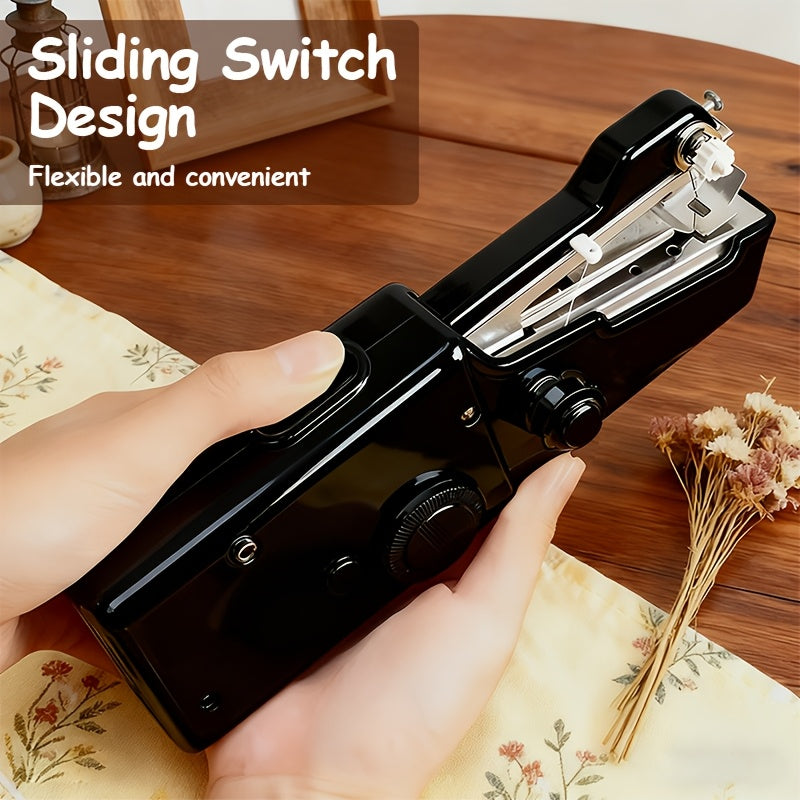 Handheld Sewing Machine Kit in Black or White, Battery-Powered Portable Fabric Tool with Needle, Threader, Spool Pin, Fabric Sample and Two Bobbins for Sewing Tasks