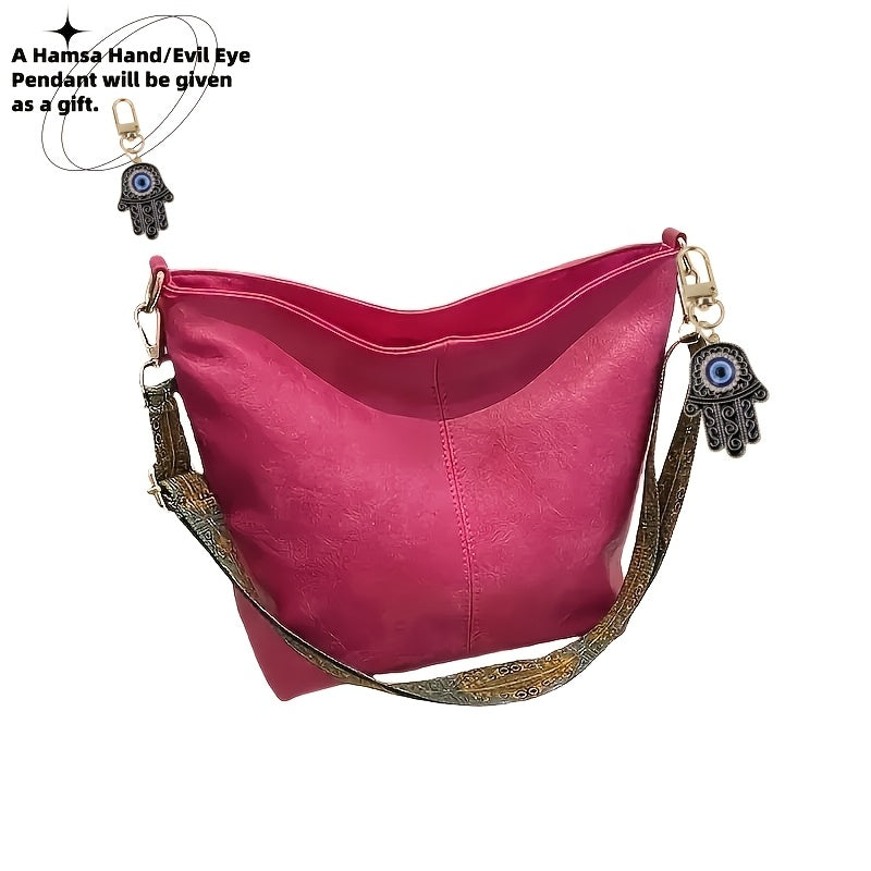 Bohemian Hobo Crossbody Bag for Women with Geometric Strap and Hamsa Hand/Evil Eye Pendant, Large-Capacity Retro Shoulder Handbag in 11 Colors