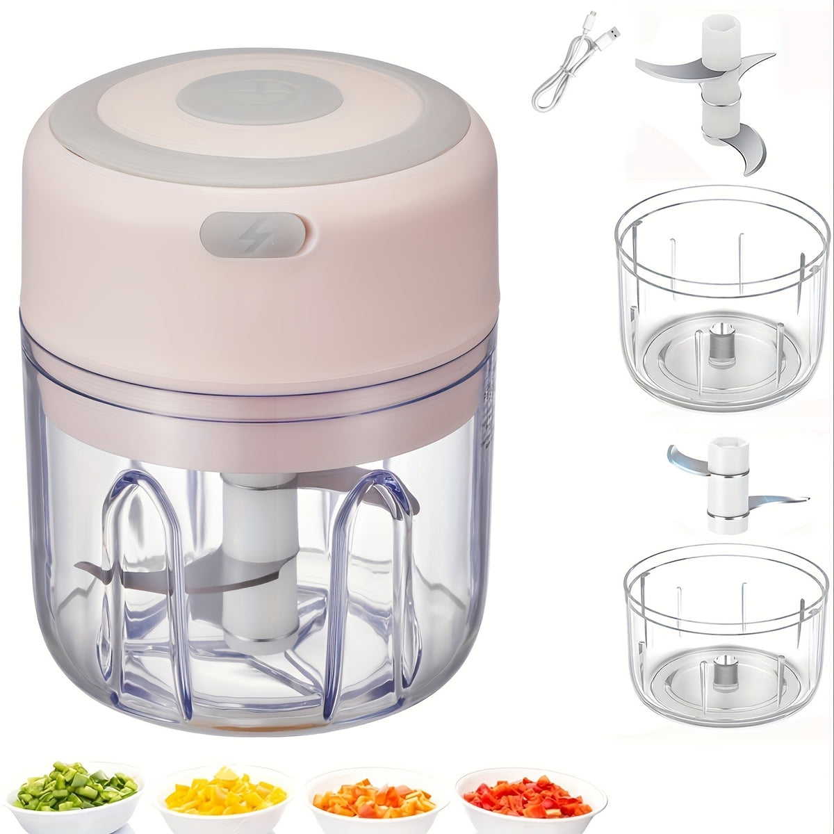 Cordless Mini Garlic Chopper, USB Electric Food Prep Tool with 500ml, 8.45oz Three-Blade and Set Options in White, Green or Pink for Small Kitchen Tasks