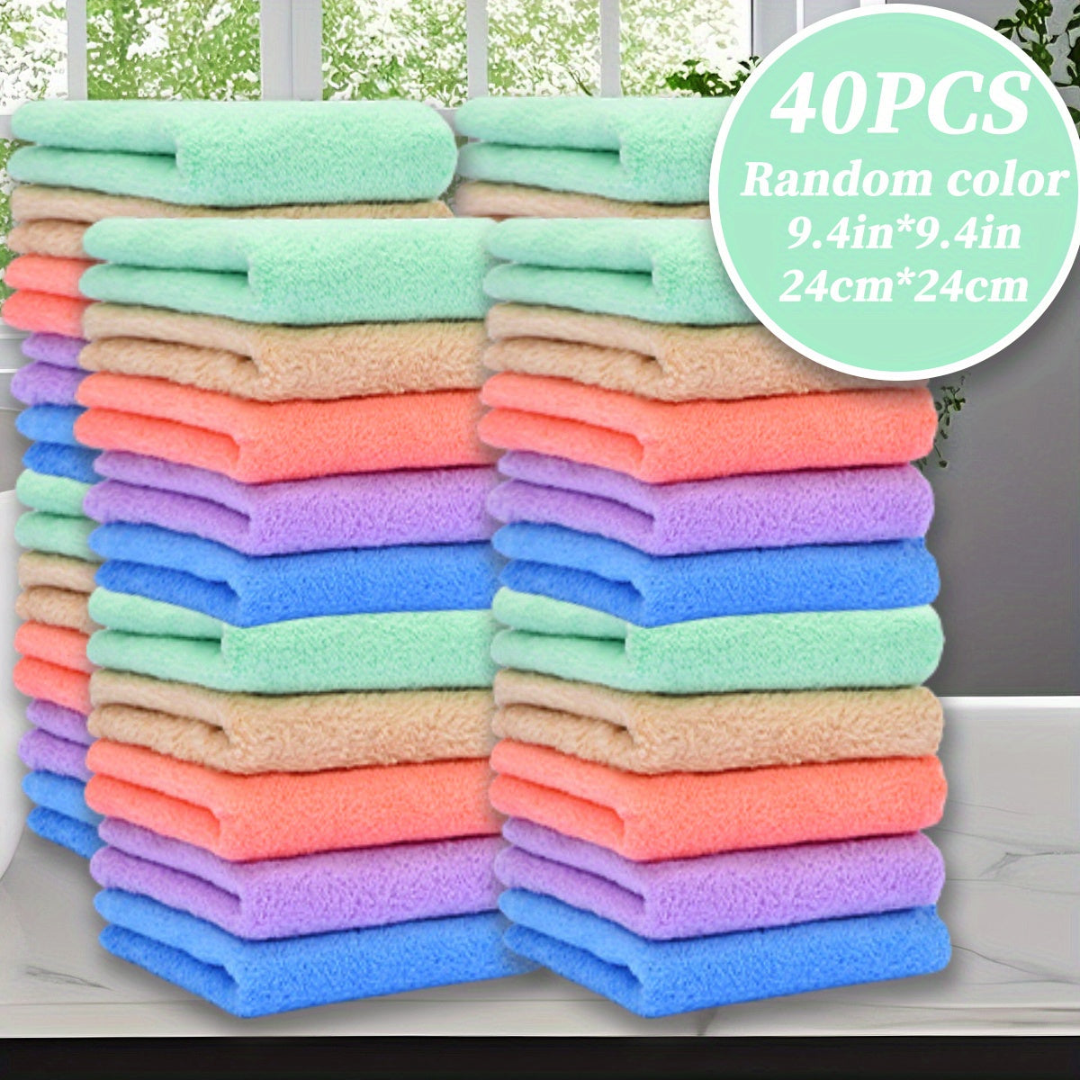 Small Square Washcloths 40-Pack with Listed 9.4 x 9.4 Inch Size, Soft Absorbent Bathroom Cloths in Random Colors with Standard or Striped Options