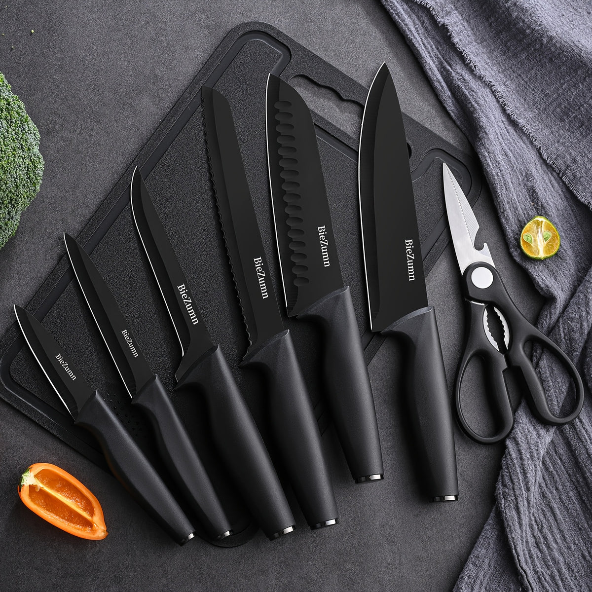 BieZumn Kitchen Knife Set with Black 3-Piece or 14-Piece Options for Everyday Home Cooking, Fruit Preparation and Meal Prep, Multi-Purpose Kitchen Cutlery Selection