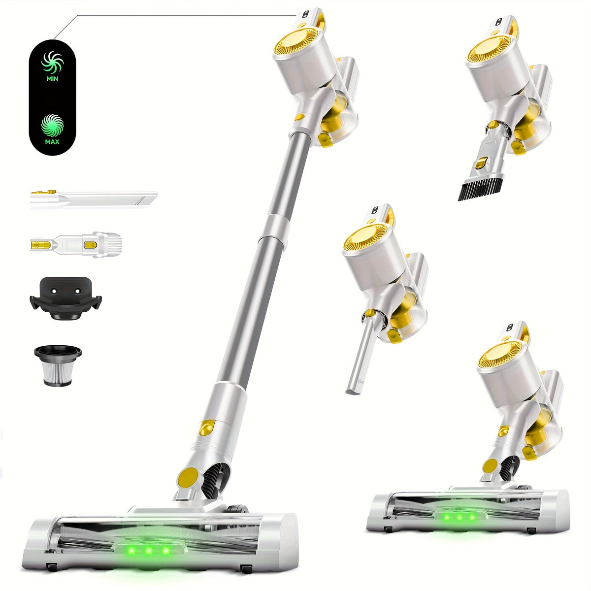 Green LED Vacuum Cleaner with Listed Anti-Tangle Brush, Removable Battery and Multiple Suction Levels, Eight Color Options for Home Floor and Pet Hair Cleanup