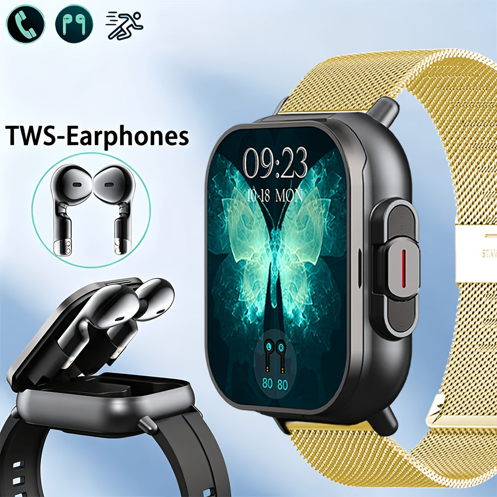 2-in-1 Smartwatch and Wireless Earbuds for Men with Music Control, Sports Modes and Activity Insights, Black or Silvery Watch and Steel Strap Options