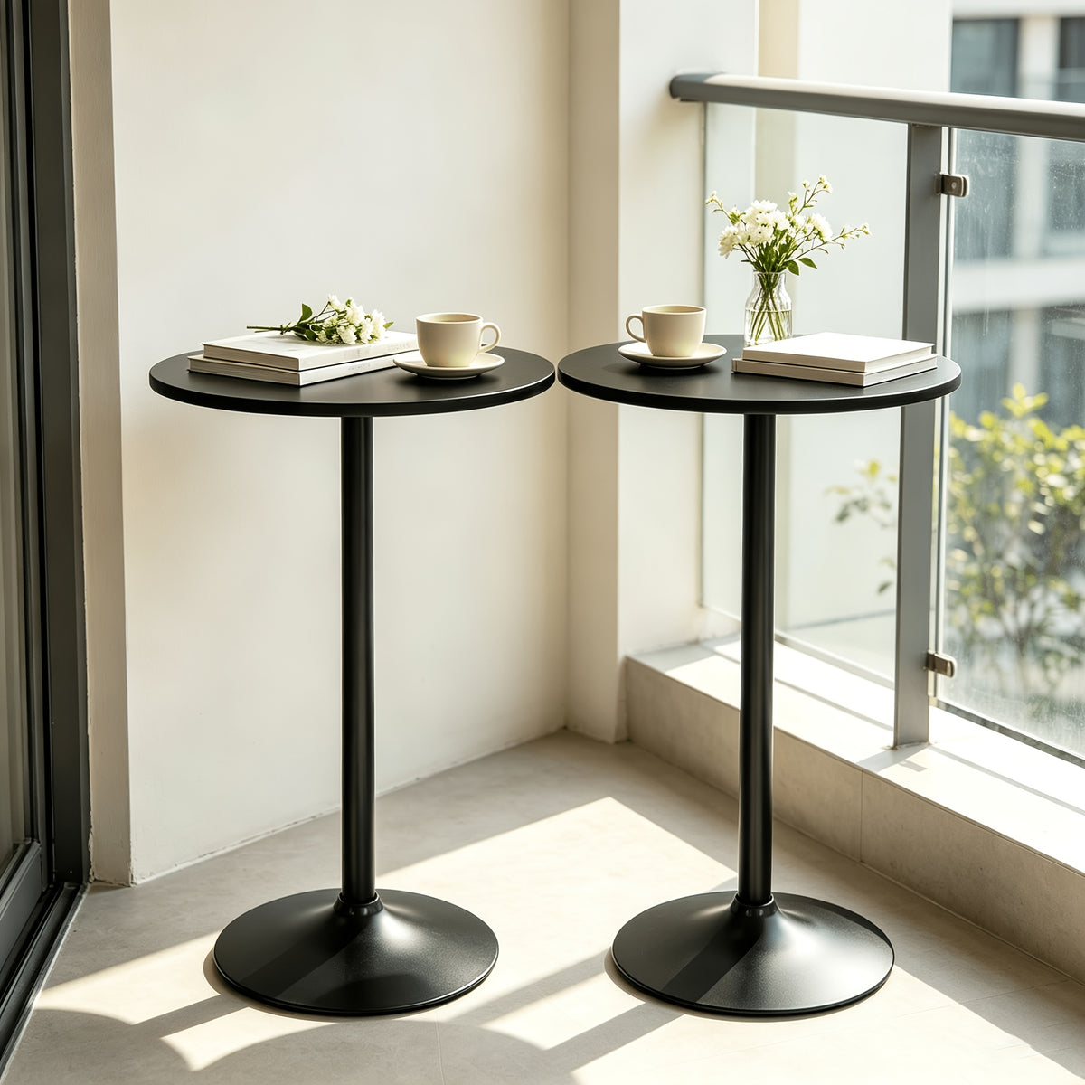 Round Bar Table with Listed 23.5-Inch Diameter Top, Modern Cocktail Furniture in Black or White with Separate Adjustable and Two-Piece Black Options for Small Spaces