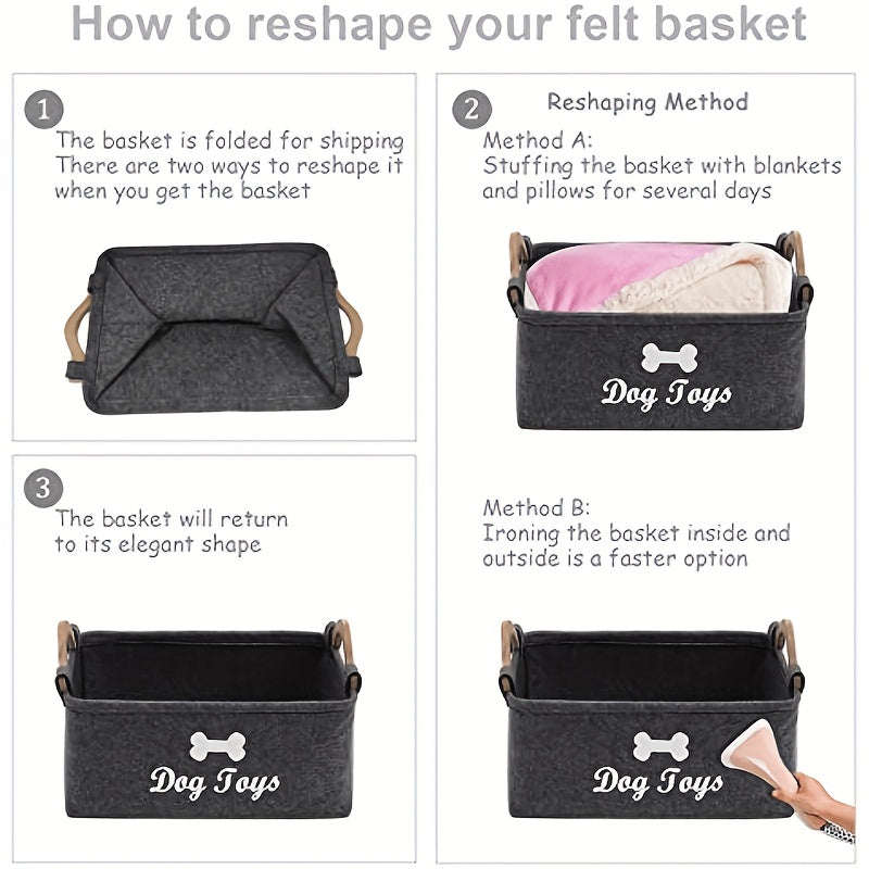 Pet Storage Basket in Black Polyester Felt, Dog and Cat Toy Organizer for Dry Pet Accessories, Laundry and Everyday Living Room Organization